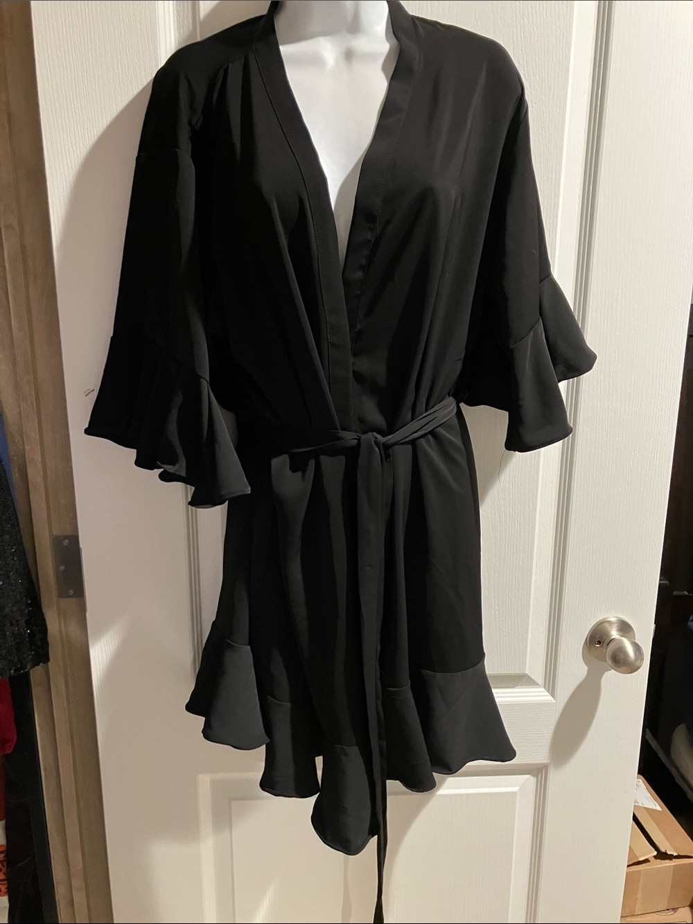 Black Ruffled Belted robe